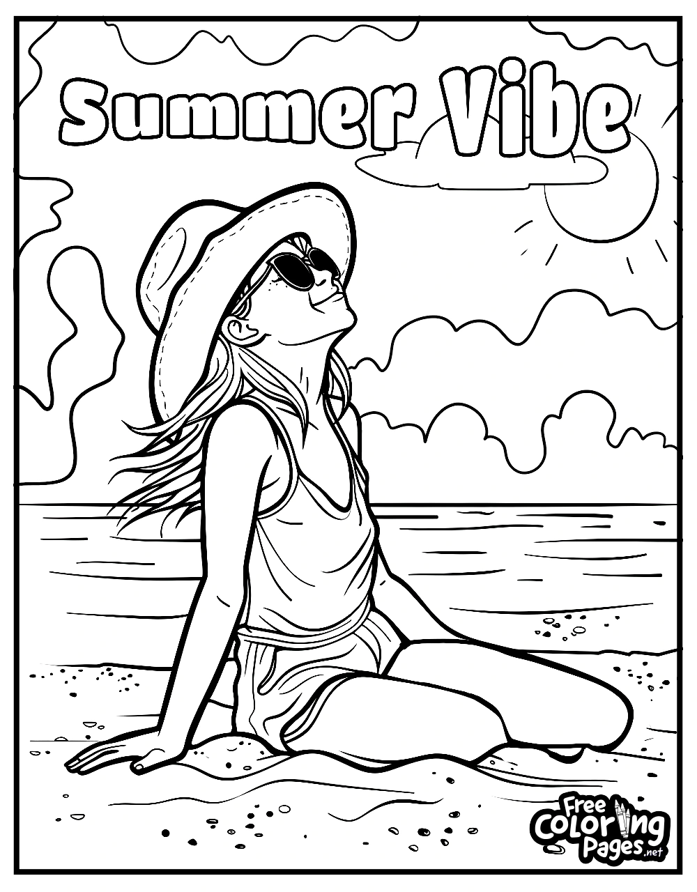 Summer adult coloring pages showing a relaxed woman sitting on the beach under the sun, embodying the ultimate summer vibe