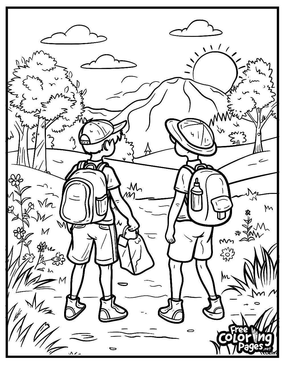 Summer coloring pages for kids featuring two children hiking in a sunny forest, carrying backpacks and exploring nature