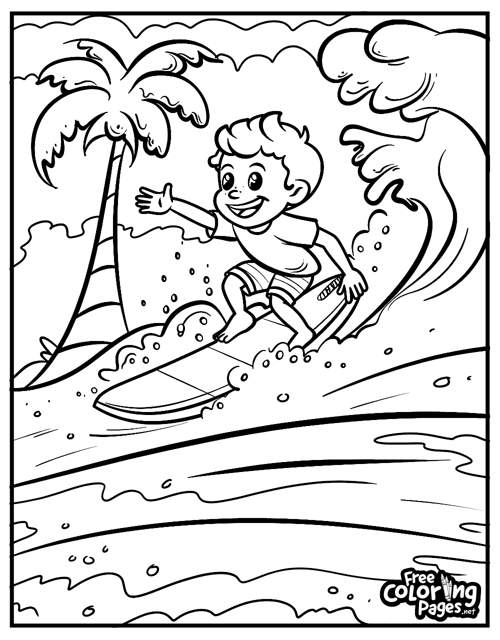 Summer free coloring pages for kids with a young boy surfing a big wave near the beach, under palm trees