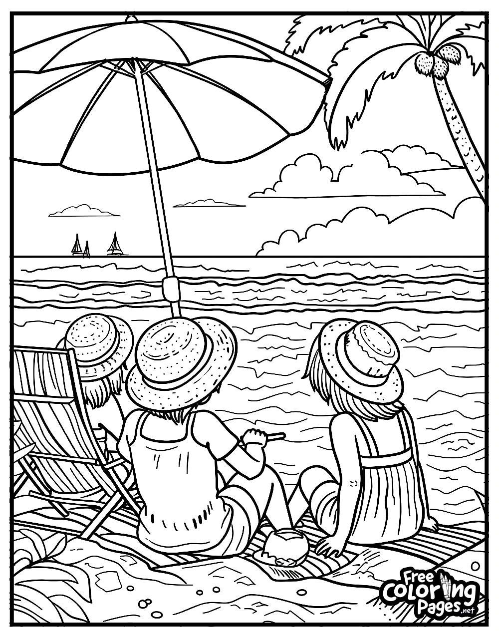 Summer free printable coloring pages of children building a sandcastle under an umbrella on the beach, enjoying a sunny day