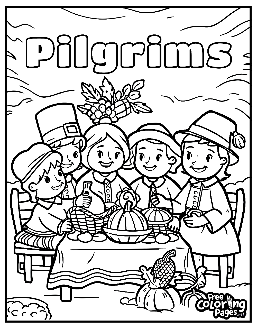 Thanksgiving coloring pages for kids featuring a group of cheerful pilgrims enjoying a feast at a table decorated with pumpkins and fruit
