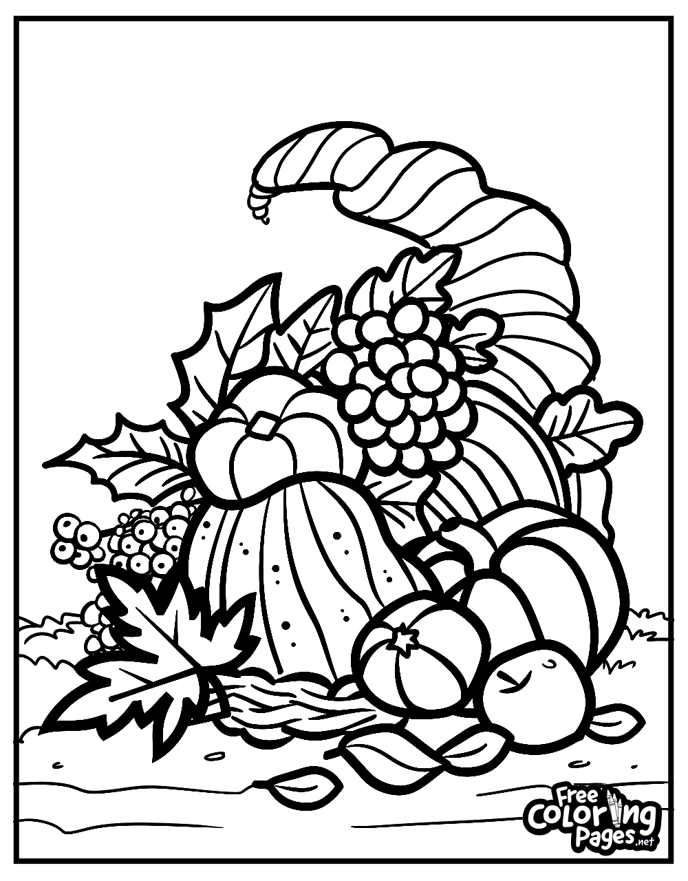 Thanksgiving coloring sheets for kids showing a rich cornucopia spilling over with pumpkins, grapes, and leaves, perfect for celebrating the harvest season