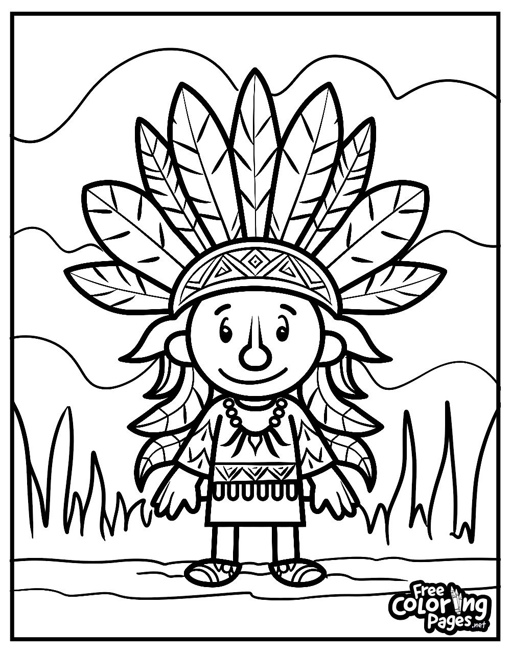 Thanksgiving kids coloring pages featuring a Native American boy dressed in traditional attire with a feathered headdress, set against a backdrop of grass and sky