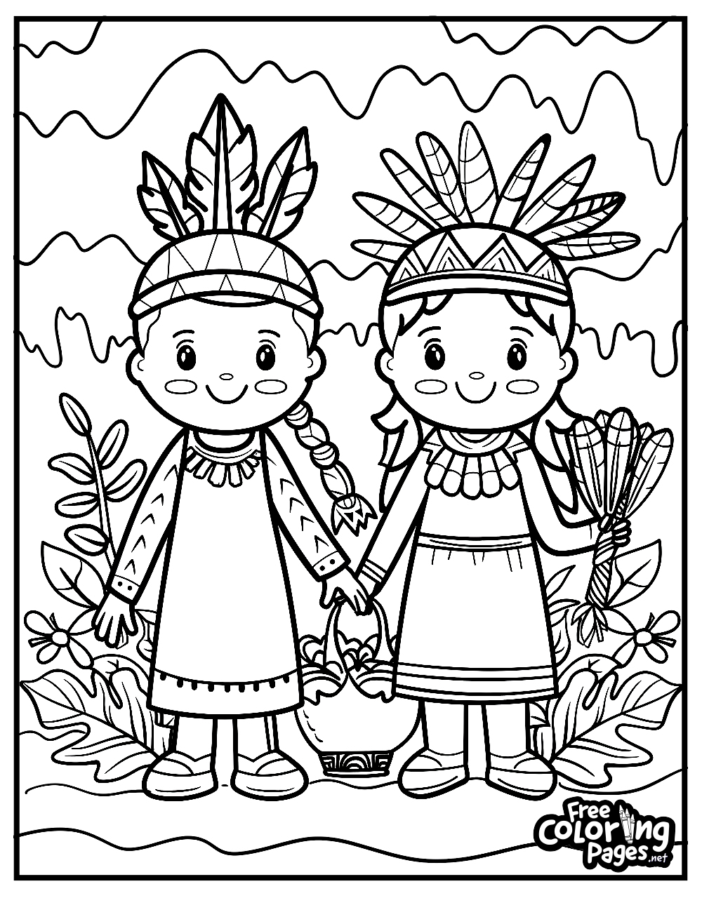 Thanksgiving free coloring pages printable depicting two Native American children in traditional attire, one holding a basket and the other a bunch of harvested crops