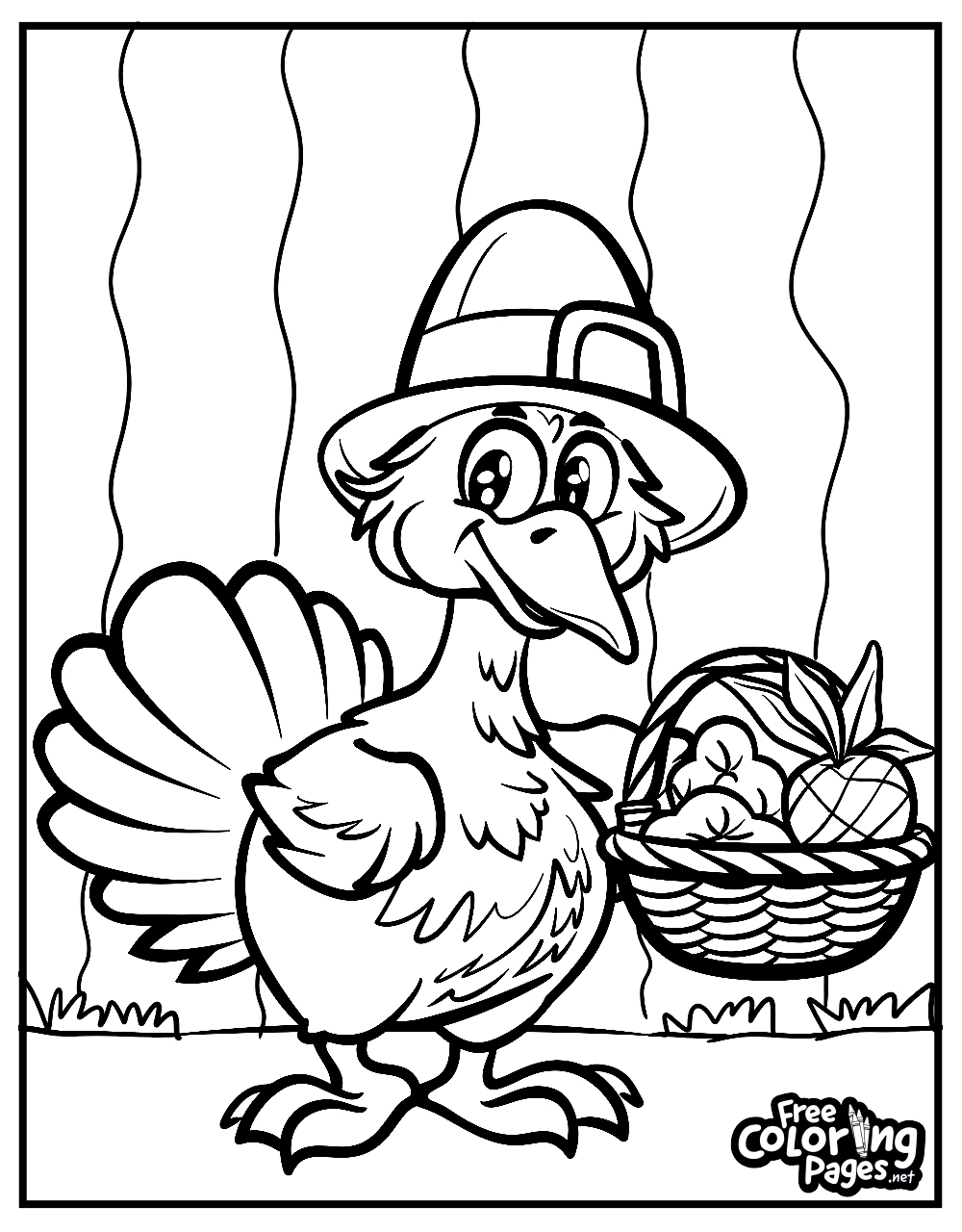Thanksgiving easy coloring pages illustrating a cartoon turkey wearing a pilgrim hat, standing beside a basket of fruits