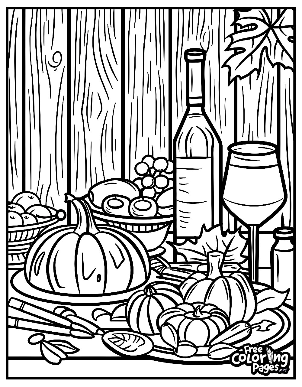Thanksgiving coloring pages free download showcasing a rustic table laden with pumpkins, grapes, a bottle, and utensils, set against a wooden backdrop