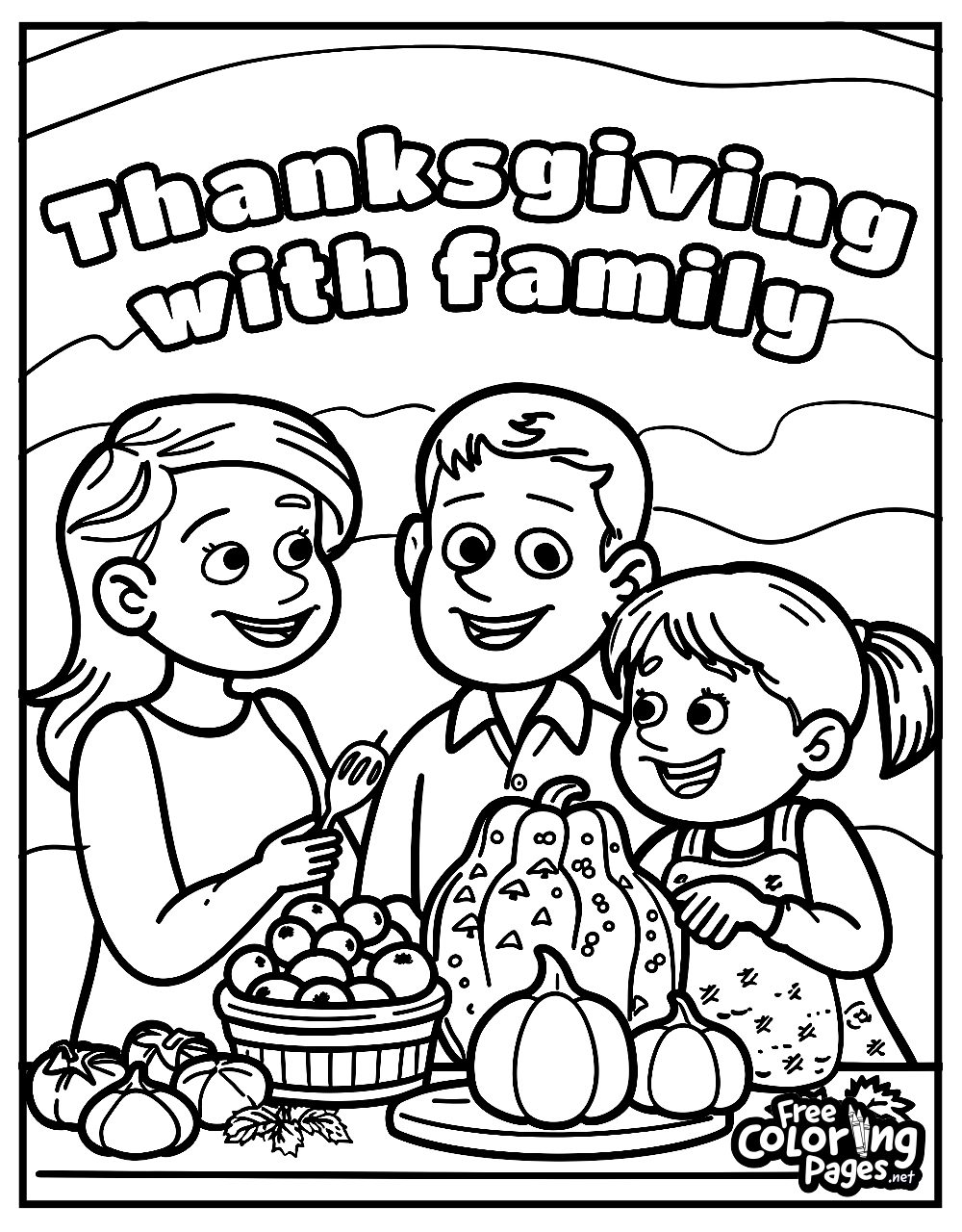 Thanksgiving free coloring pages for adults highlighting a happy family preparing a meal together with pumpkins and fruits on the table