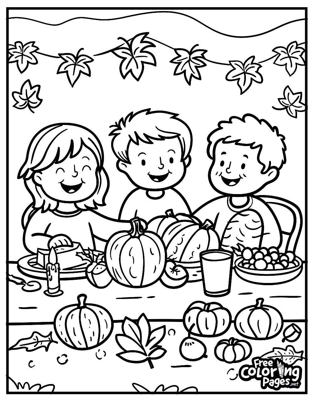 Thanksgiving adult coloring pages printable featuring three children enjoying a Thanksgiving meal with pumpkins and pies on the table