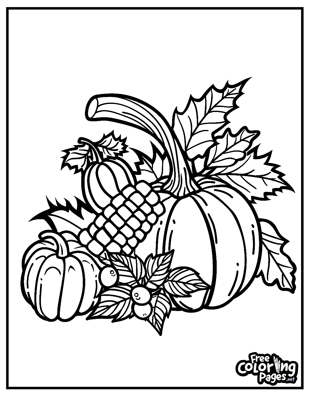 Thanksgiving adult coloring pages depicting a beautifully arranged display of pumpkins, corn, and berries, perfect for an autumn theme