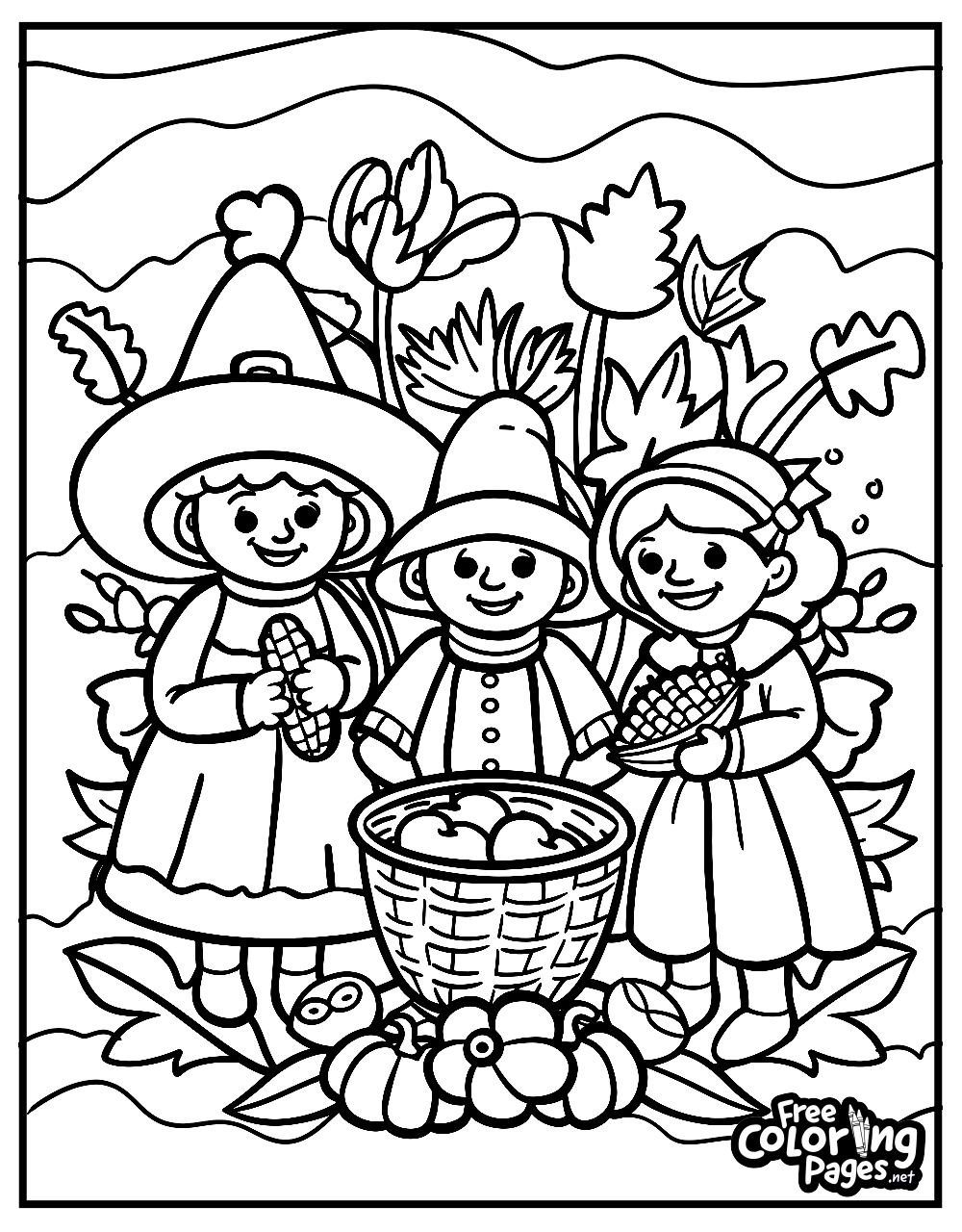Thanksgiving printable coloring pages showing three pilgrims, two girls and a boy, collecting a harvest of corn and pumpkins in a lush field