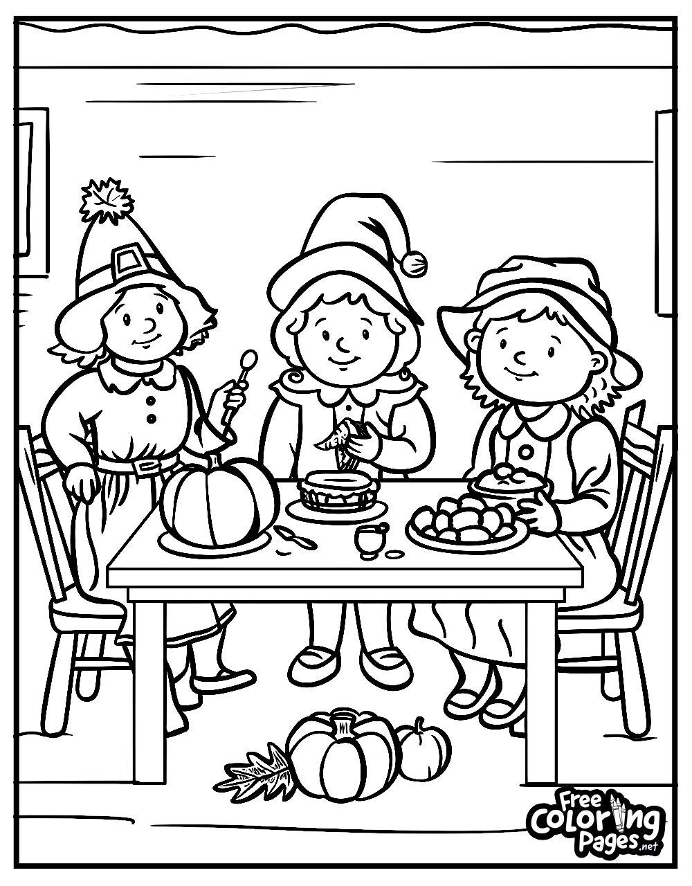 Thanksgiving coloring pages for adults featuring three pilgrim children at a table, one slicing a pumpkin, surrounded by Thanksgiving dishes