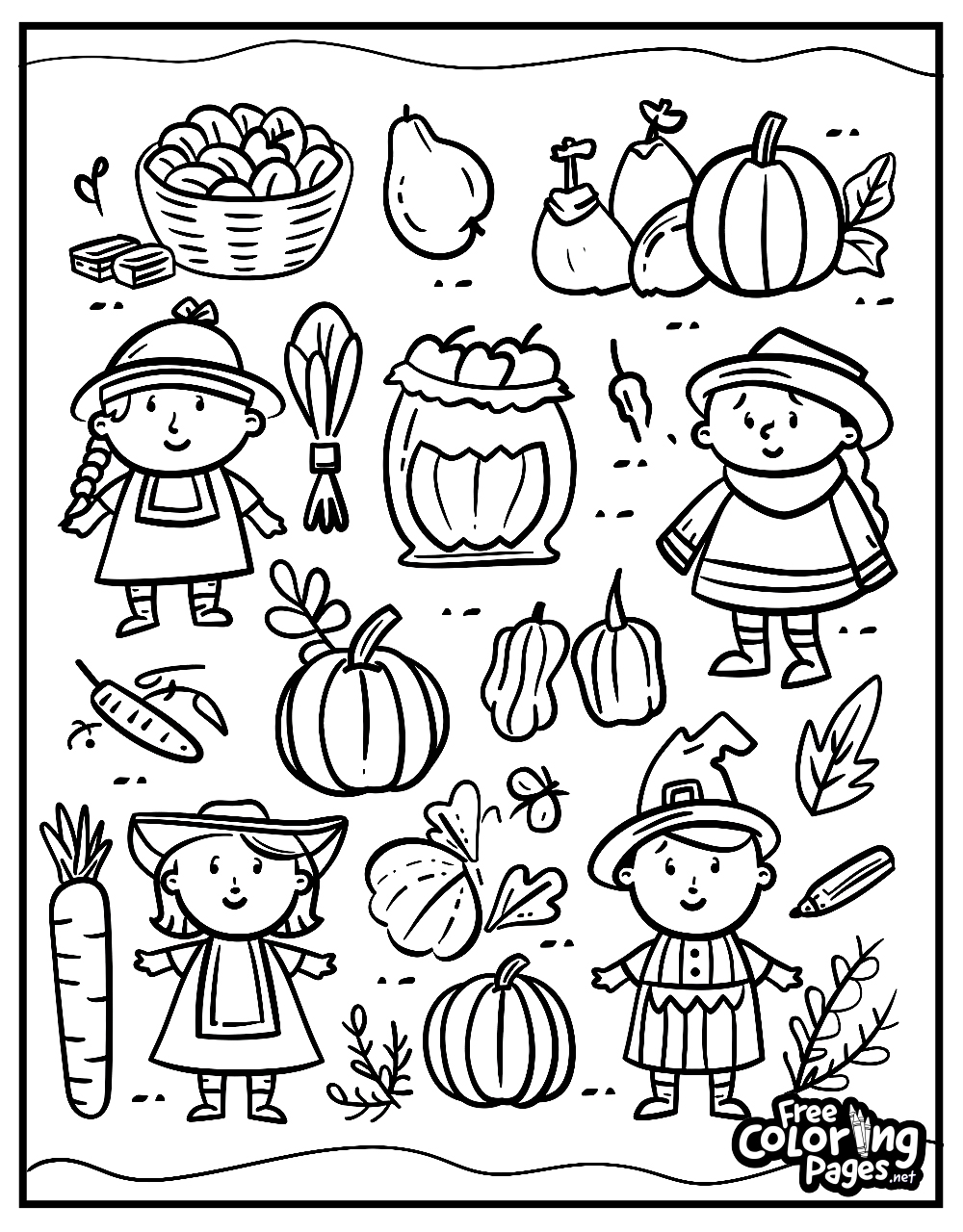 Thanksgiving free coloring pages for kids depicting young pilgrims in various activities like carrying vegetables and decorating with pumpkins