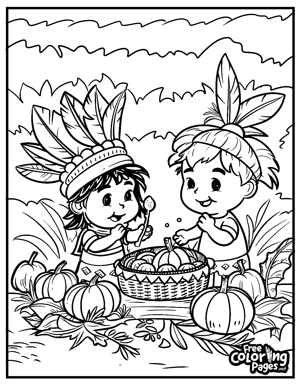 Thanksgiving free printable coloring pages illustrating two Native American children, a boy and a girl, gathering apples in a basket amidst pumpkins