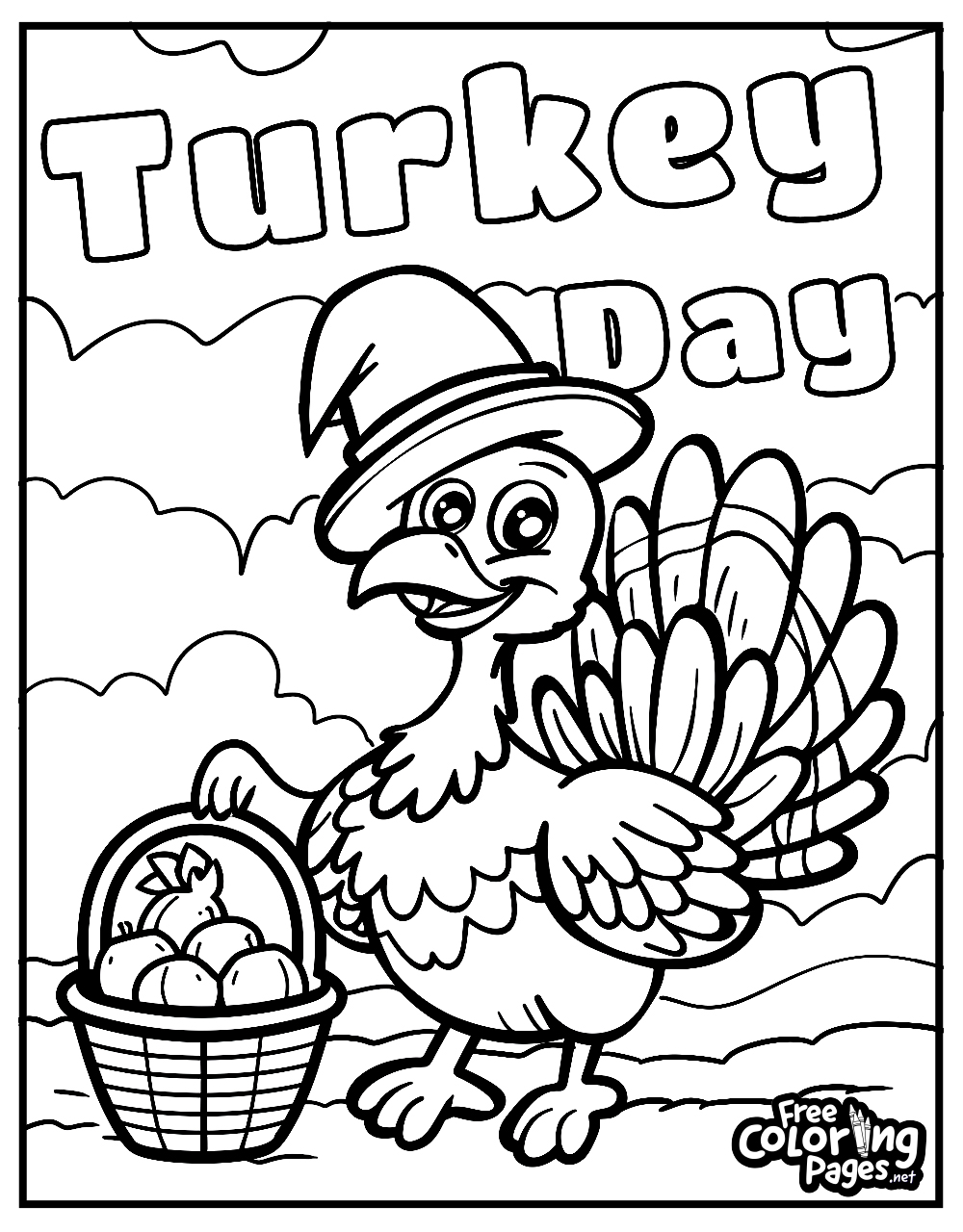 Thanksgiving coloring page of a cartoon turkey wearing a pilgrim hat, holding a basket of apples, emphasizing the festive spirit