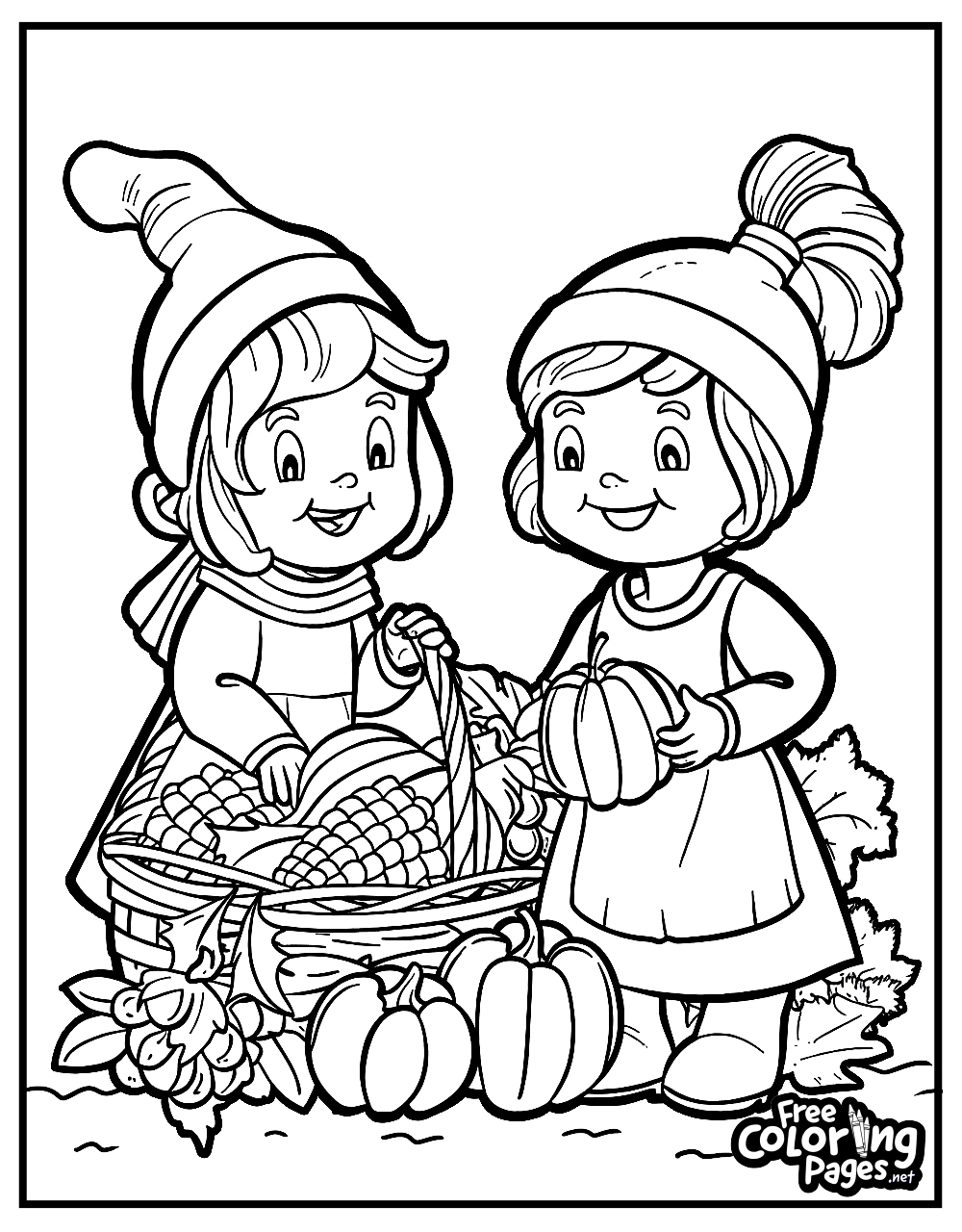 Thanksgiving coloring pages for adults showing two young girls, one in a hat, filling a basket with corn and pumpkins, representing autumn's bounty