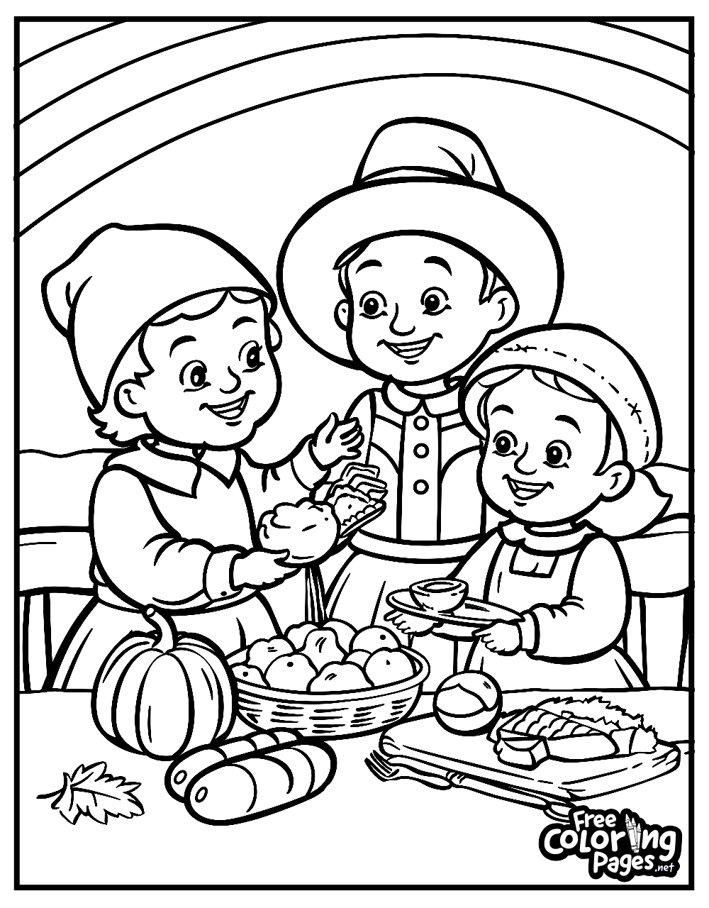 Thanksgiving adult coloring pages printable depicting a family of pilgrims sharing various traditional foods like apples and pies at a dining table