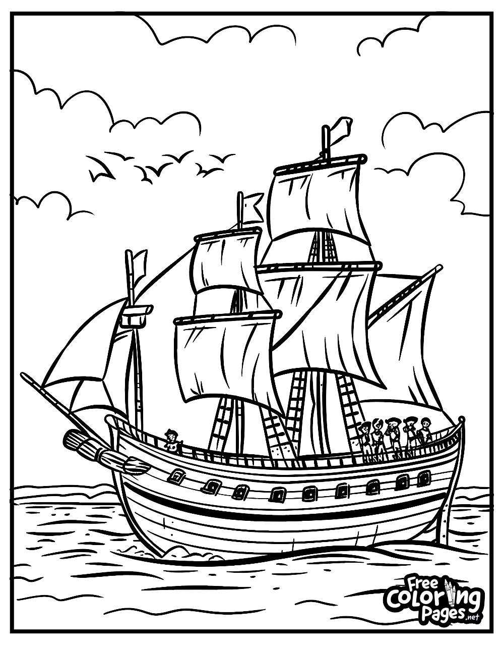 Thanksgiving coloring sheets illustrating the Mayflower ship on the sea, filled with pilgrims, suggesting the journey of the first Thanksgiving celebrants