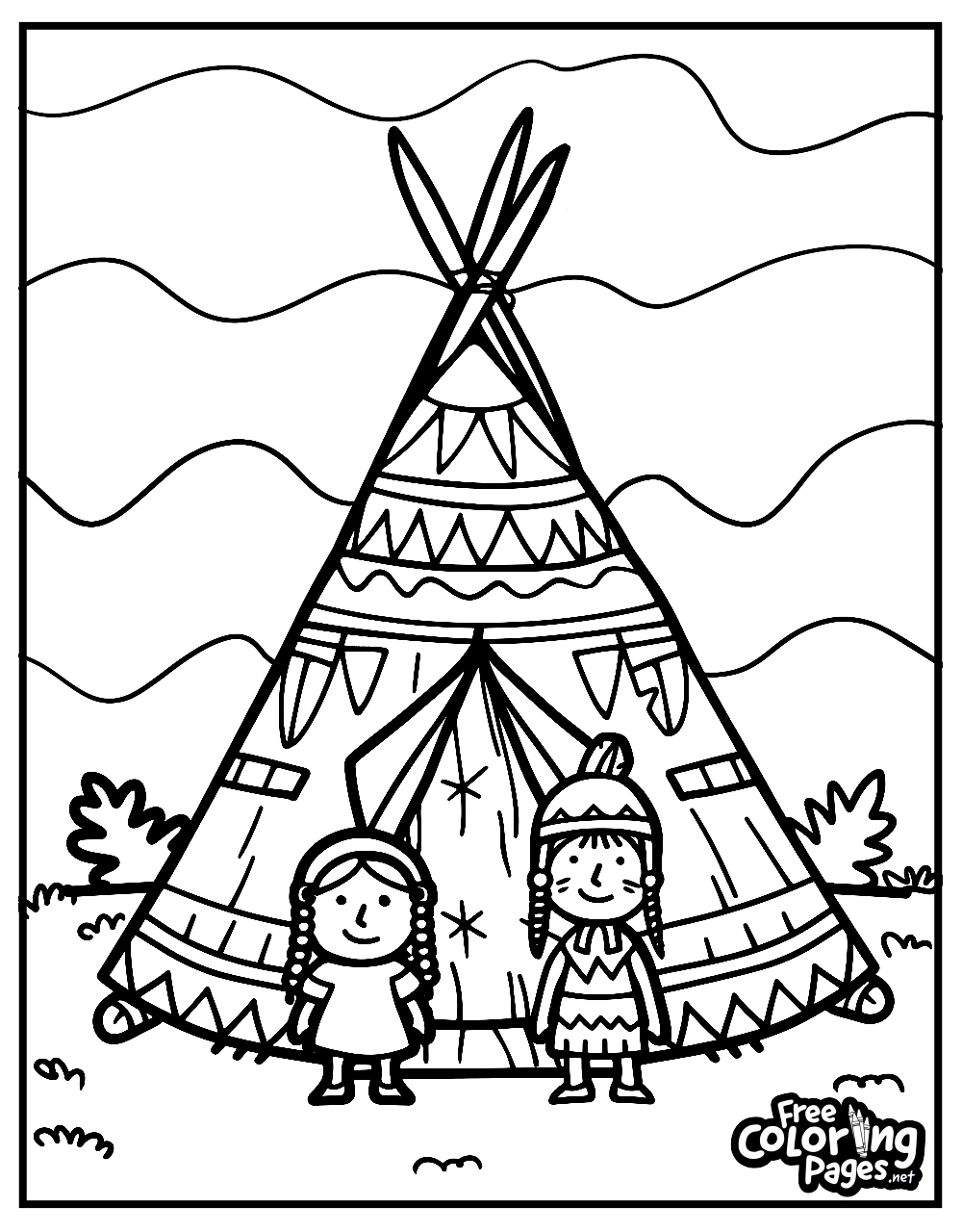 Thanksgiving adult coloring page featuring two Native American children in traditional attire outside a teepee, surrounded by an autumn landscape