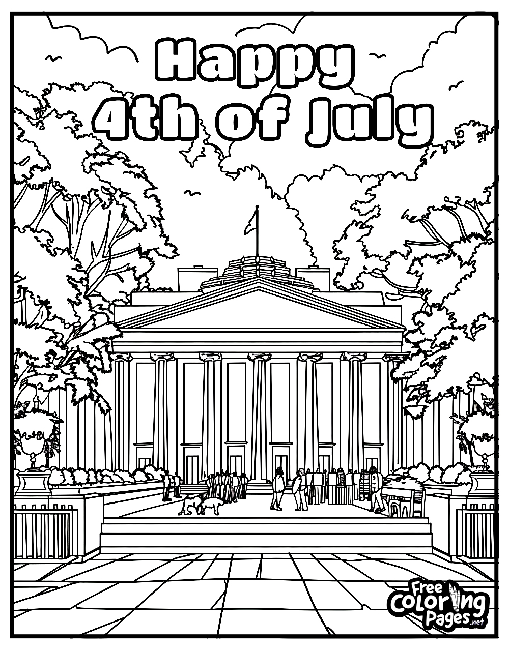 4th of July coloring page featuring the iconic building of a neoclassical structure surrounded by trees and people, with 'Happy 4th of July' written in bold at the top