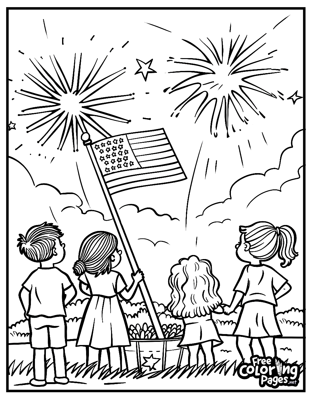 4th of July coloring sheets for kids with a scene of children watching fireworks and holding a large flag, against a backdrop of clouds and stars