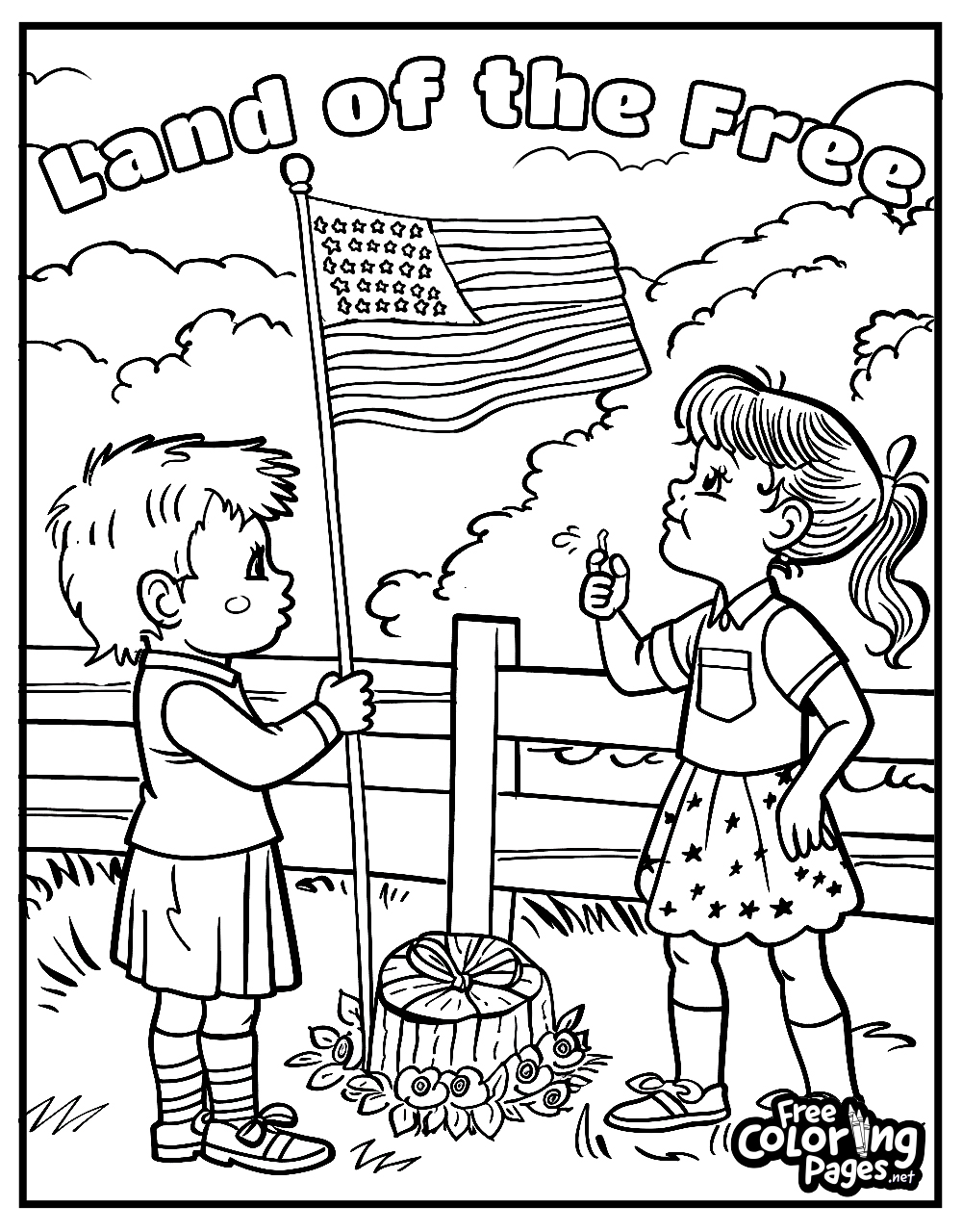 4th of July coloring pages for kids, depicting two children by a wooden fence with a large American flag, under the caption 'Land of the Free