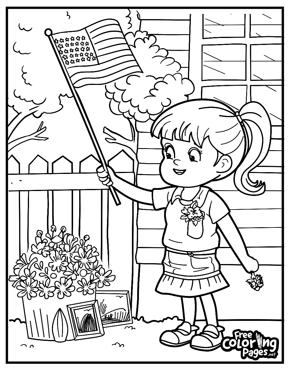 4th of July free coloring pages printable, showing a cheerful young girl waving the American flag next to a flower pot in a suburban backyard
