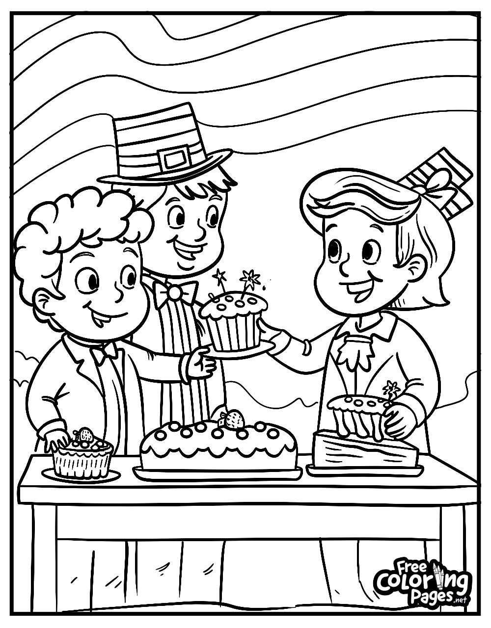 4th of July coloring pages for adults, featuring three children celebrating with cakes and cupcakes under a striped background