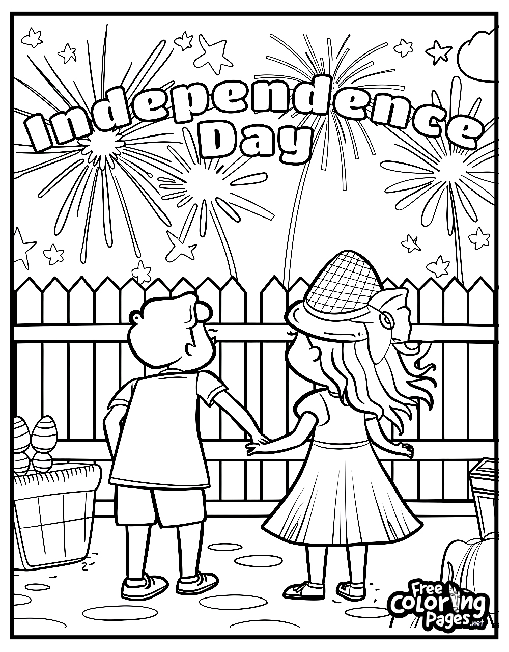 4th of July adult coloring pages, capturing two children watching fireworks, with 'Independence Day' boldly lettered in the sky