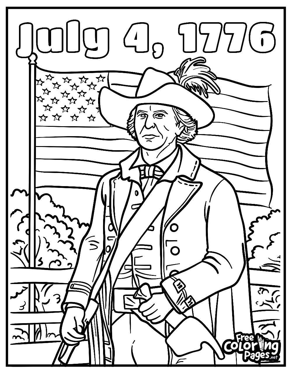 4th of July free printable coloring pages, portraying a historical figure with a colonial uniform and flag dated July 4, 1776