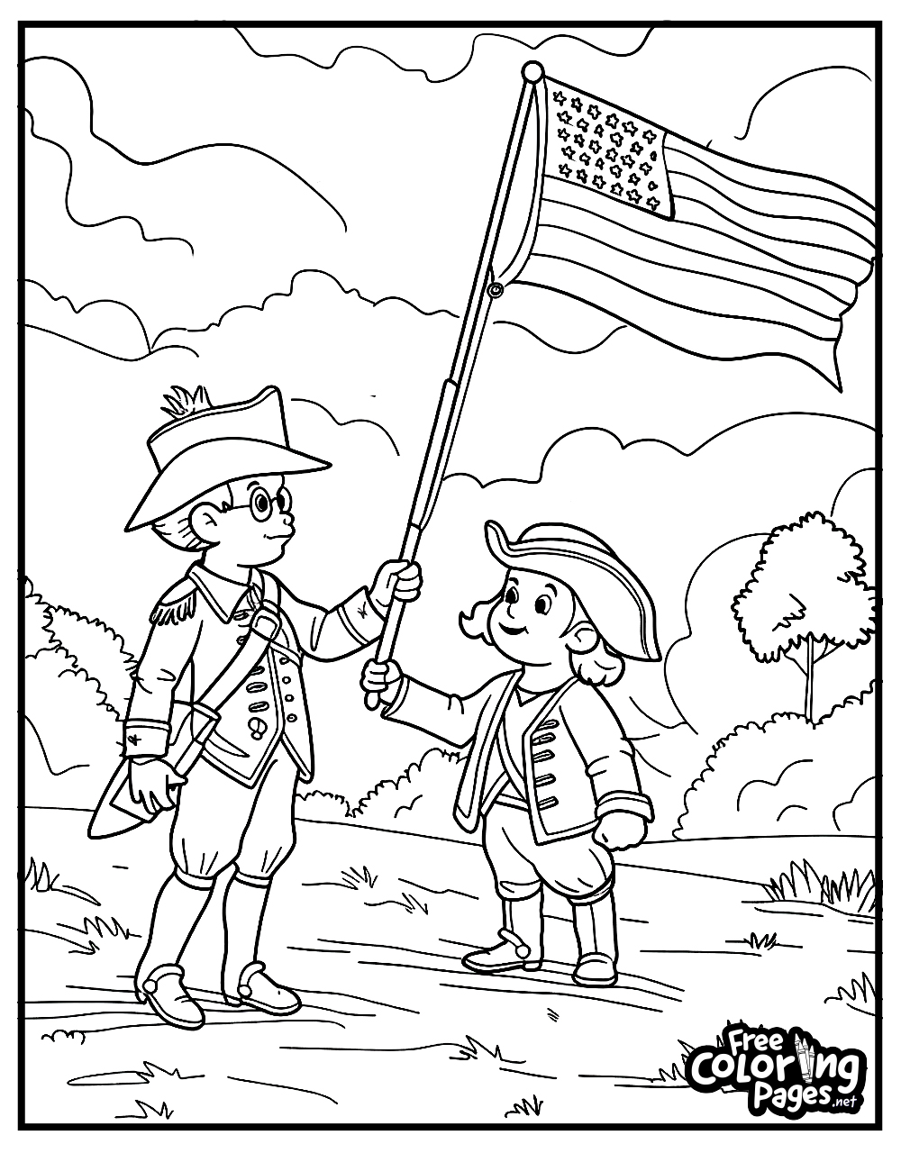 4th of July coloring book page of two colonial children raising the American flag in a pastoral setting