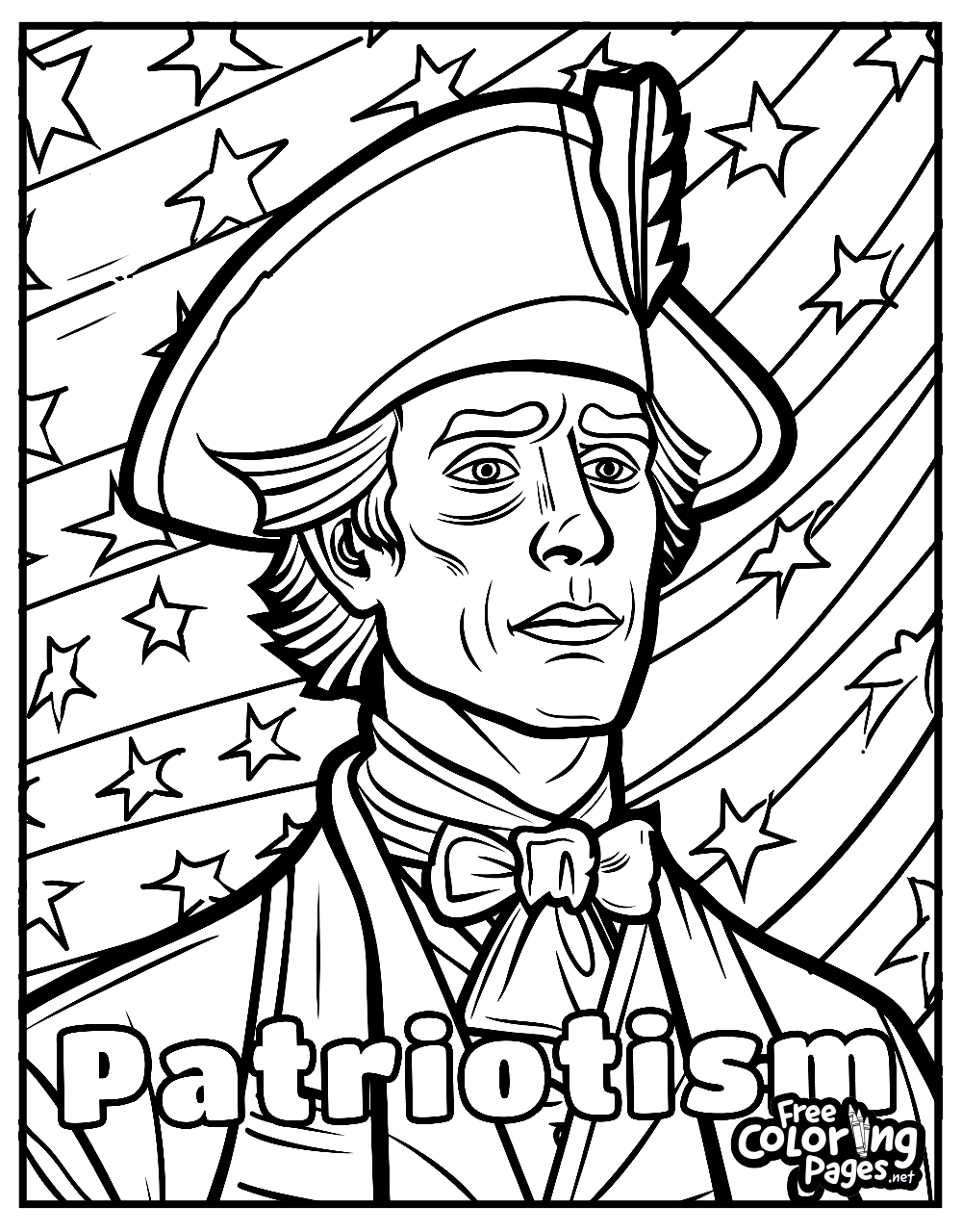 4th of July adult coloring page showing a detailed portrait of a colonial man against a backdrop of stars, titled 'Patriotism