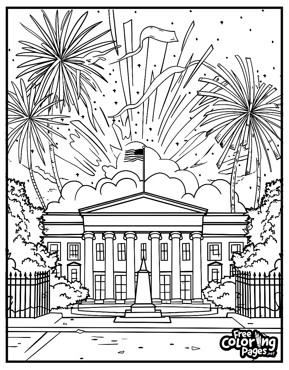 4th of July free coloring pages for kids, illustrating an elegant government building with fireworks in the background