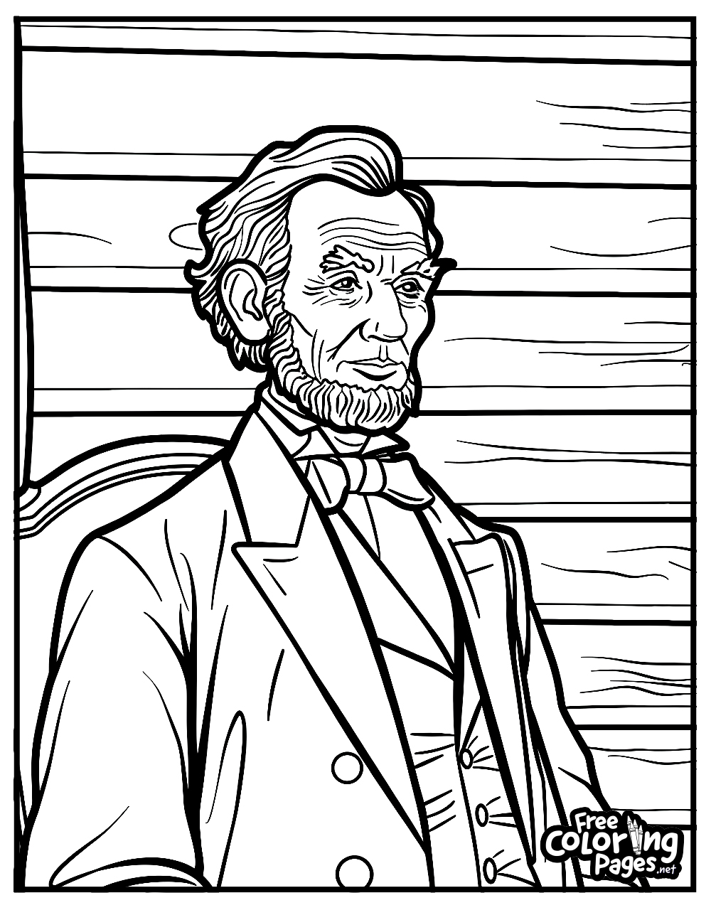 4th of July coloring pages printable featuring a detailed portrait of Abraham Lincoln with an American flag backdrop