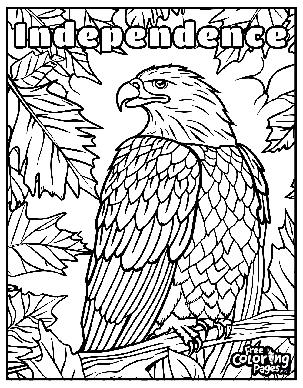 4th of July coloring sheets for kids, highlighting an eagle perched on a branch, surrounded by detailed foliage and titled 'Independence