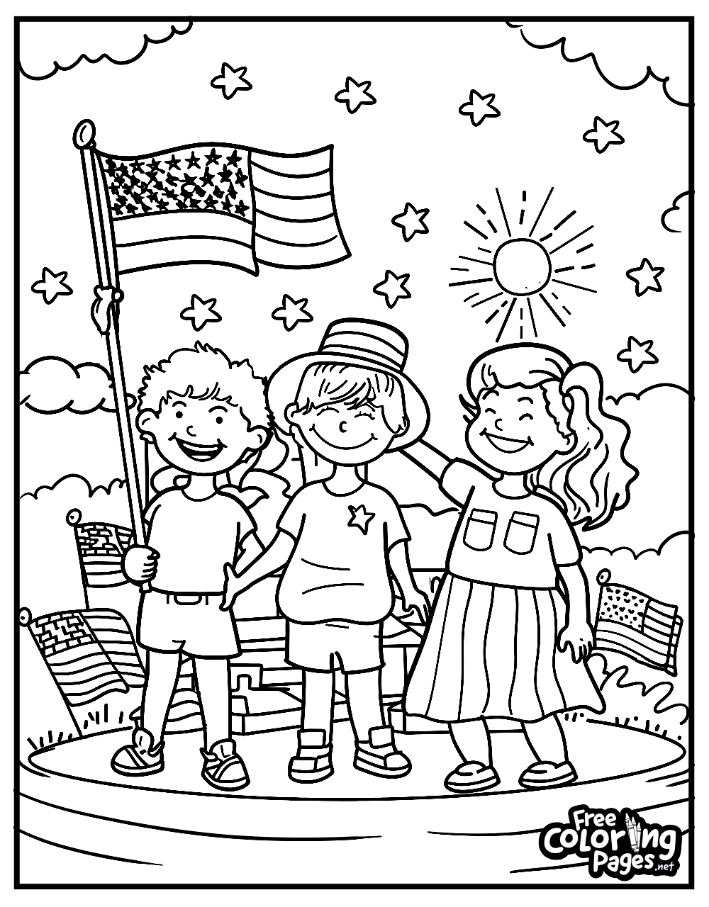 4th of July free coloring pages for kids displaying three children holding hands under the flag, with stars and clouds above in a park setting
