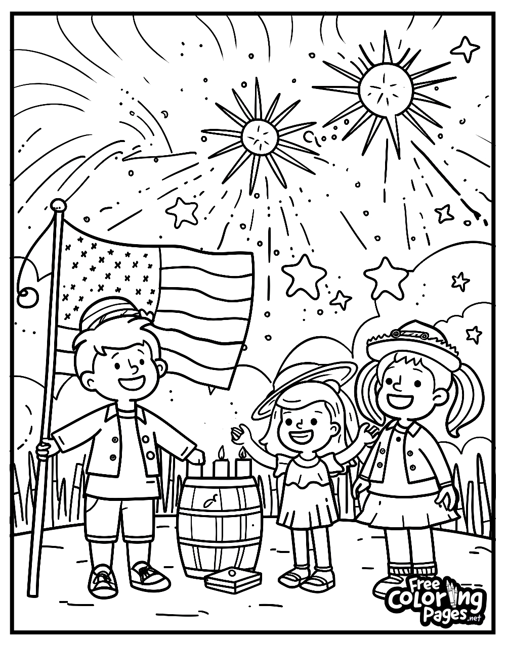 4th of July easy coloring pages illustrating three children with fireworks and a flag at night, creating a vibrant scene for young artists