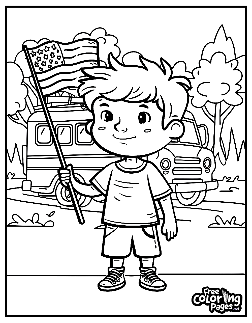 4th of July kids coloring pages showcasing a young boy holding a flag in front of a vintage car, with puffy clouds in the background