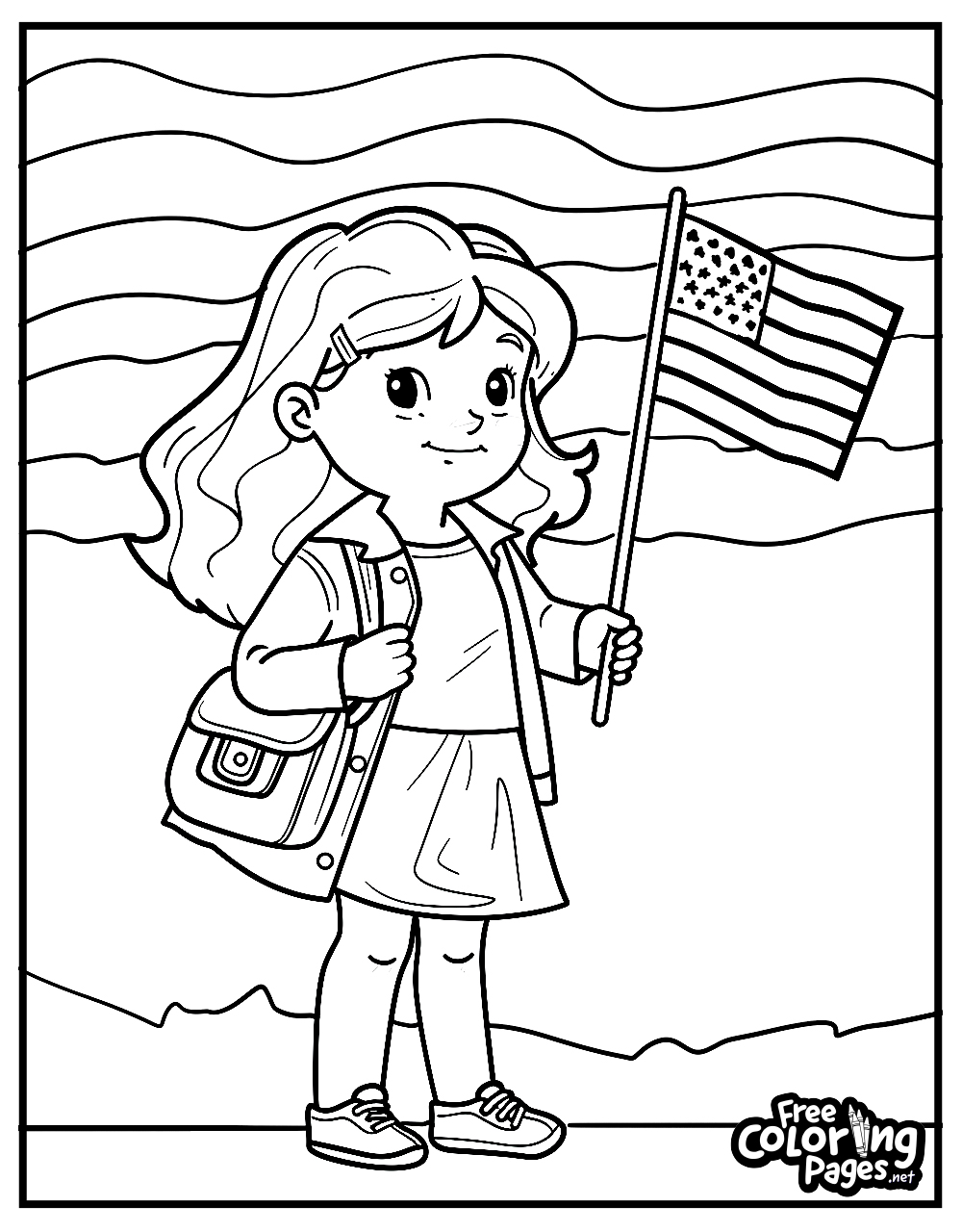 4th of July printable coloring pages depicting a young girl holding a flag, with wavy lines in the background, emphasizing a sense of motion
