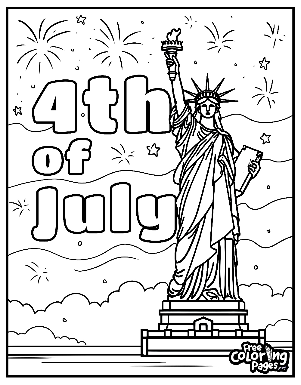 4th of July free printable coloring pages with the Statue of Liberty holding a torch under a starry sky with fireworks, perfect for adult coloring