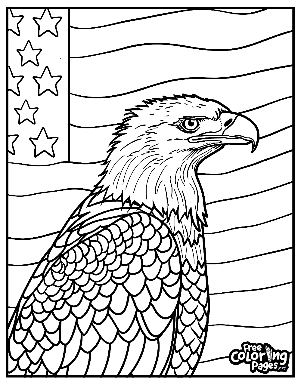 4th of July coloring pages for adults, featuring a detailed illustration of an eagle in front of the American flag, ideal for intricate coloring