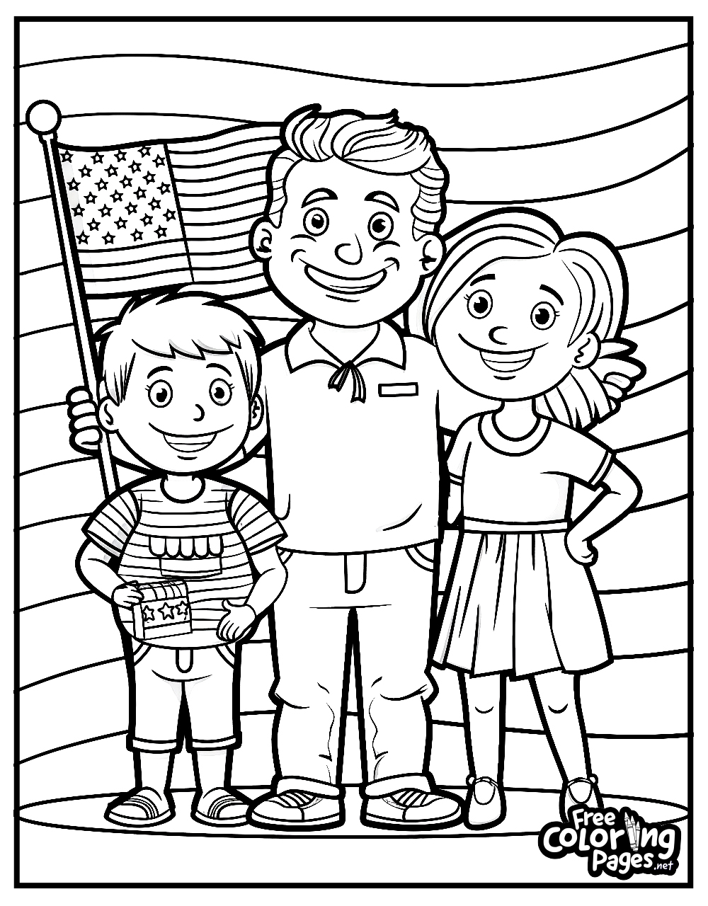 4th of July coloring sheet presenting a family with two children and a father, all smiling and holding a flag, symbolizing family celebrations