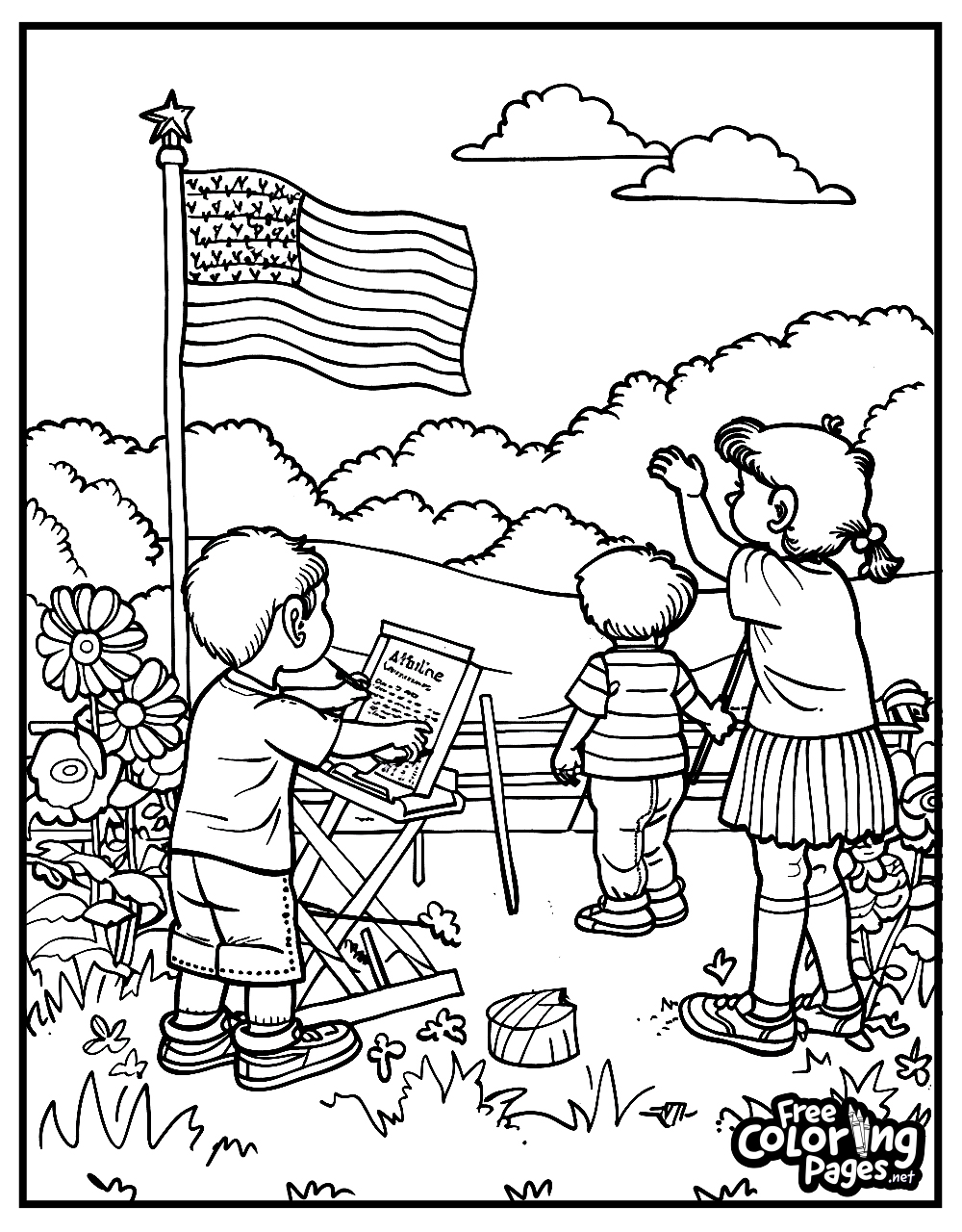 4th of July coloring pages free download depicting children around an artist, painting the flag on an easel in a garden setting