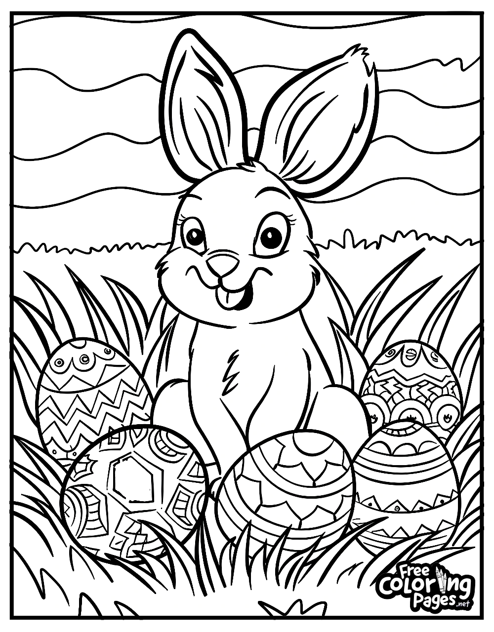Easter coloring pages printable featuring a cheerful bunny surrounded by decorated eggs in a grassy field
