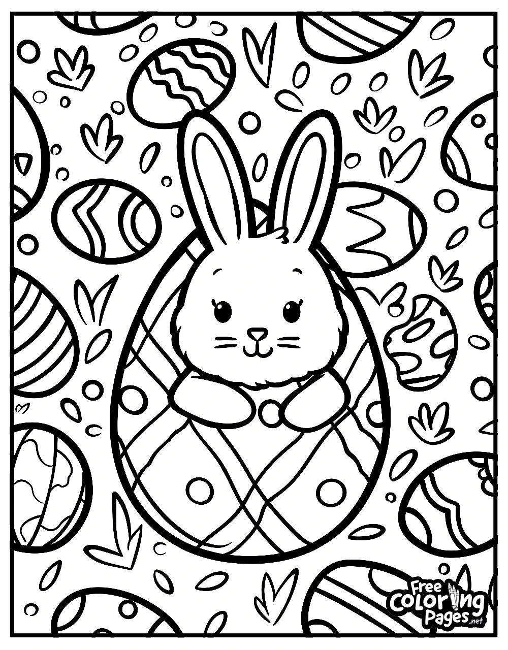 Easter adult coloring pages with a bunny nestled inside a decorative egg surrounded by intricate patterns