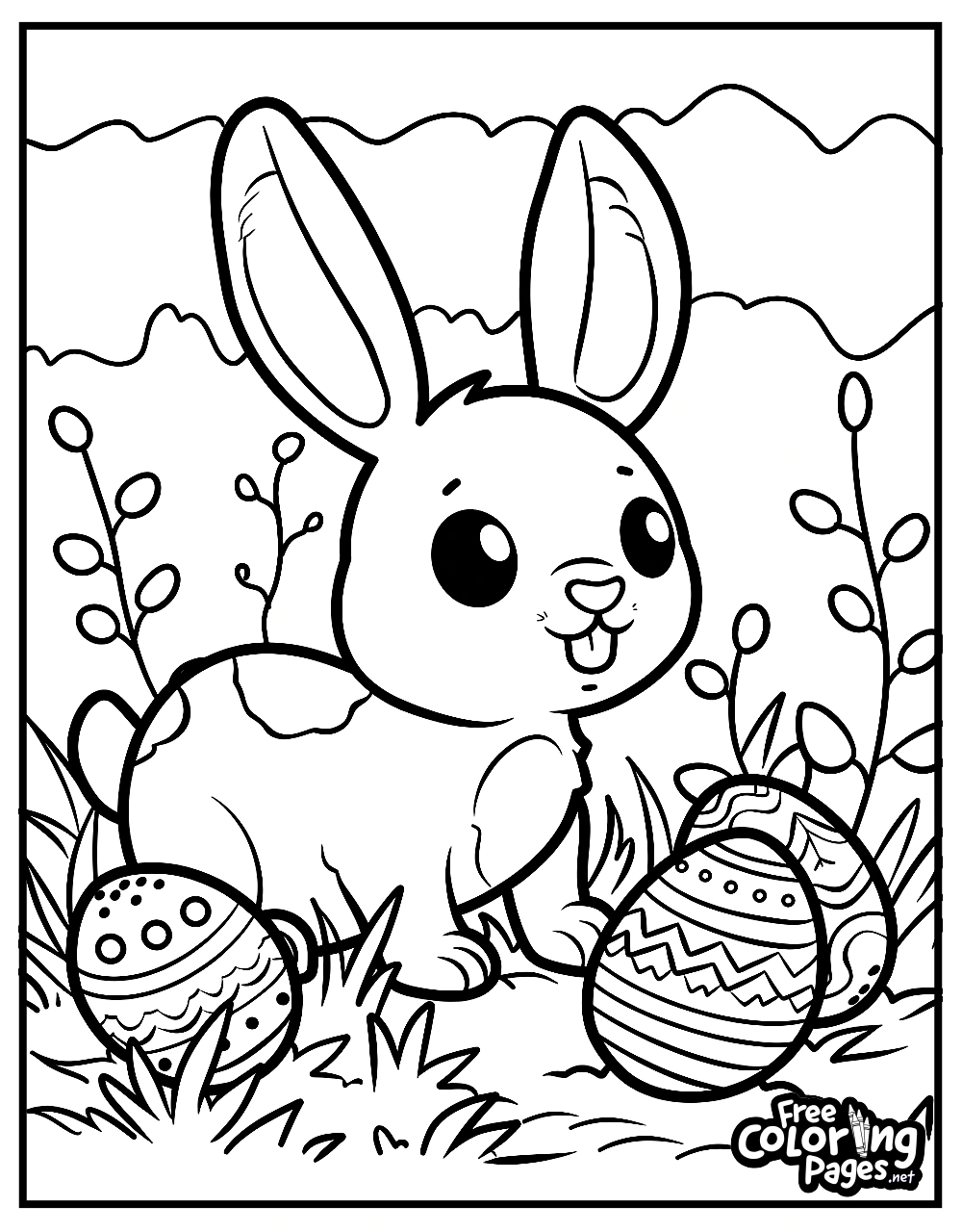 Easter coloring pages for kids showing a cute bunny with decorated eggs among spring flowers