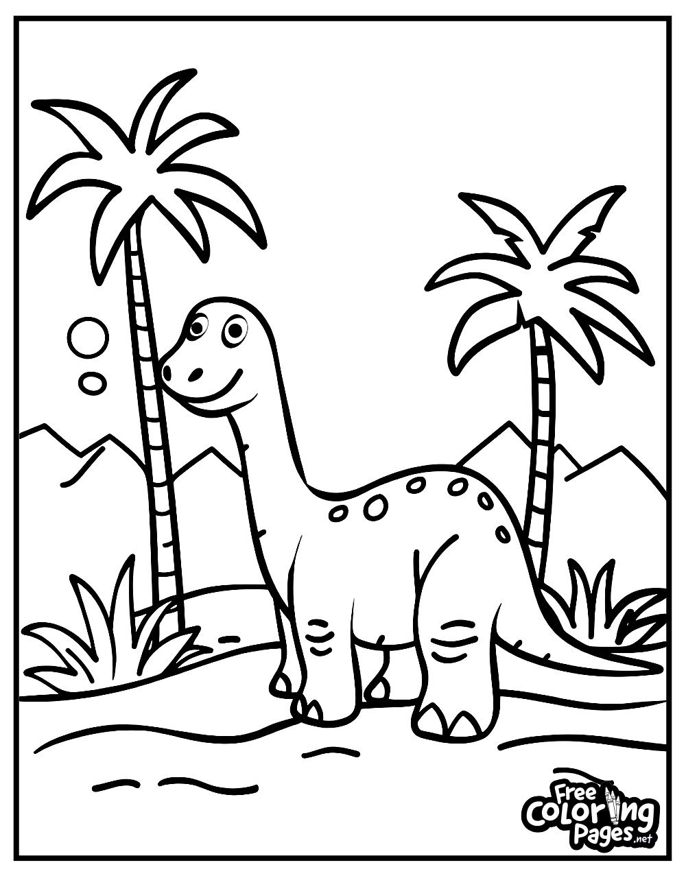 Kiddies easy coloring pages depicting a friendly dinosaur in a tropical setting, great for engaging young minds in prehistoric themes