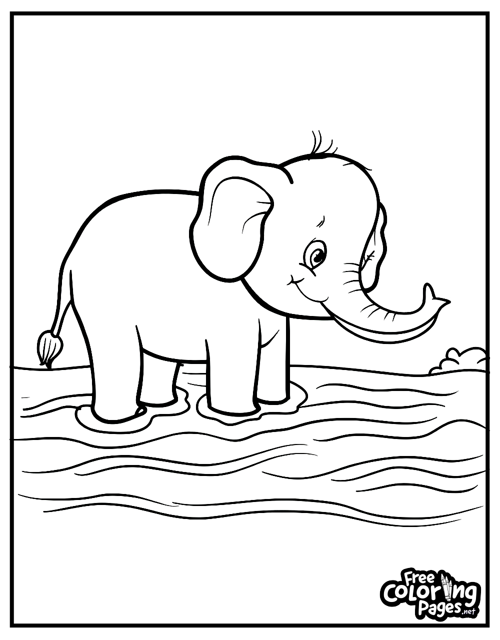 Kiddies adult coloring pages featuring a playful baby elephant by the water, ideal for both kids and adults