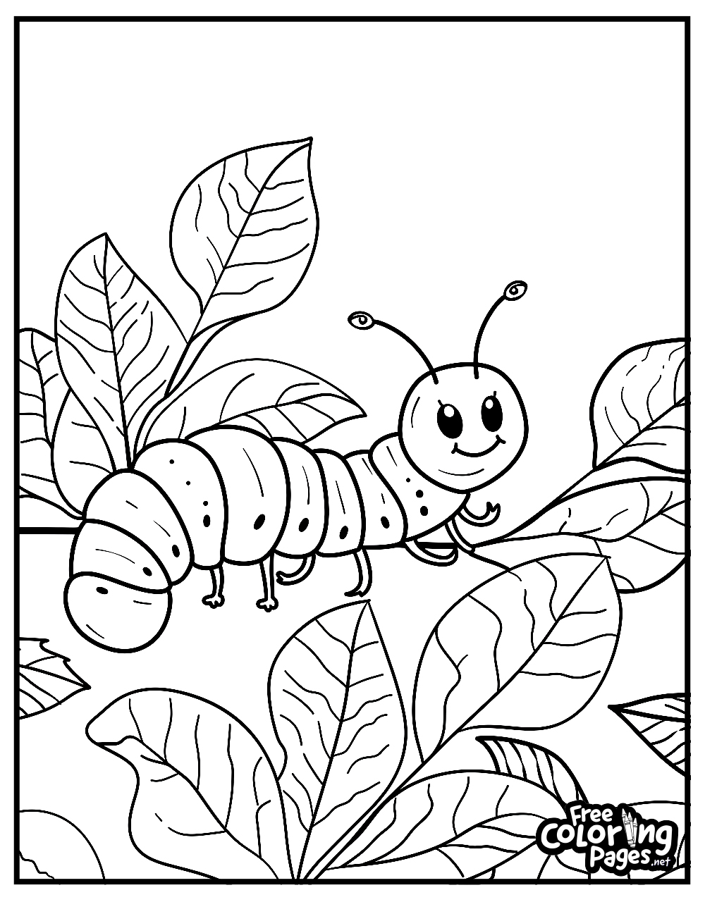 Kiddies coloring book page featuring a cartoon caterpillar on leaves, great for learning about insects and nature