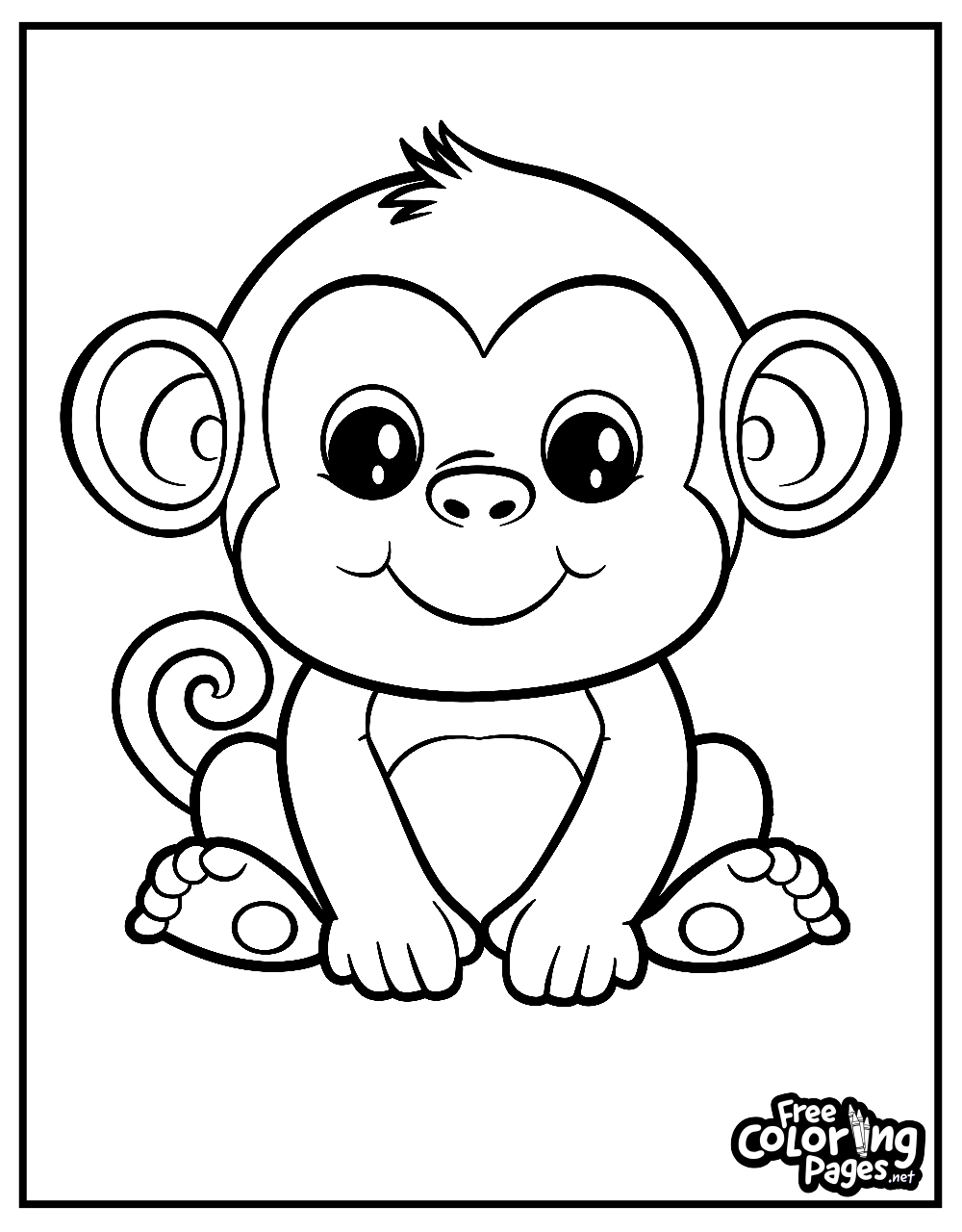 Kiddies coloring pages free download of a smiling baby monkey, suitable for preschoolers and young children