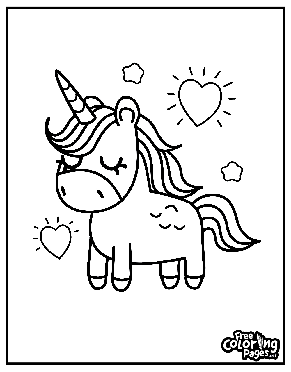 Kiddies free printable coloring pages featuring a cute unicorn with hearts and stars, perfect for kids and adults alike